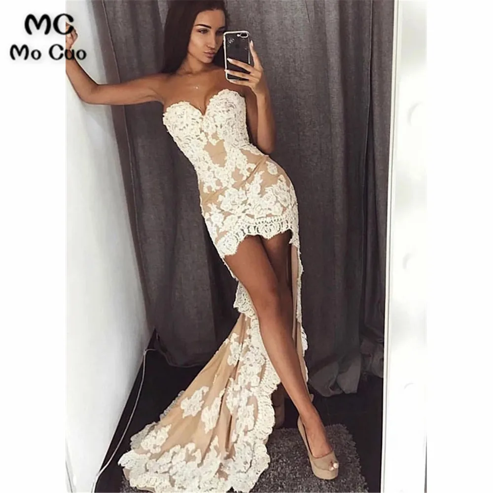Unique mermaid lace prom dress white train, lace evening dress (1)