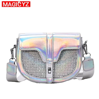

Luxury Rhinestones Women Crossbody Bag Semicircle Saddle Bags laser Leather Shoulder Bags For Ladies Handbags Designer small
