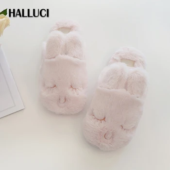

Cute pink rabbit home slippers women shoes kawaii short plush soft winter warm fluffy women Bedroom non-slip slipper shoes