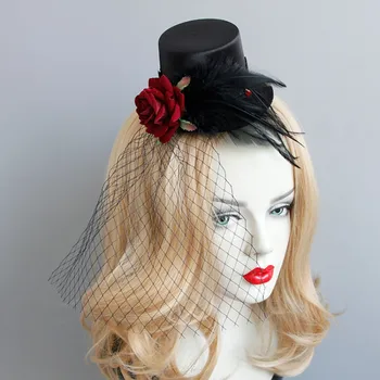 

Sexy Samll Hat with Face Veil Gils Party Hat Red Rose Flower Handmade Ornaments Prom Hairwear Decoration T207