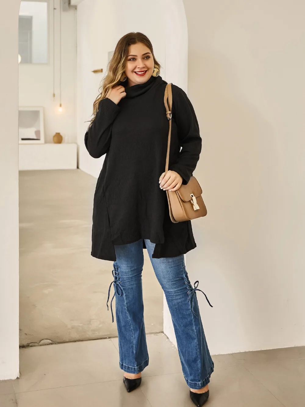 autumn winter plus size tops pullover for women large thick loose cotton high collar long sweater black 4XL 5XL 6XL 7XL