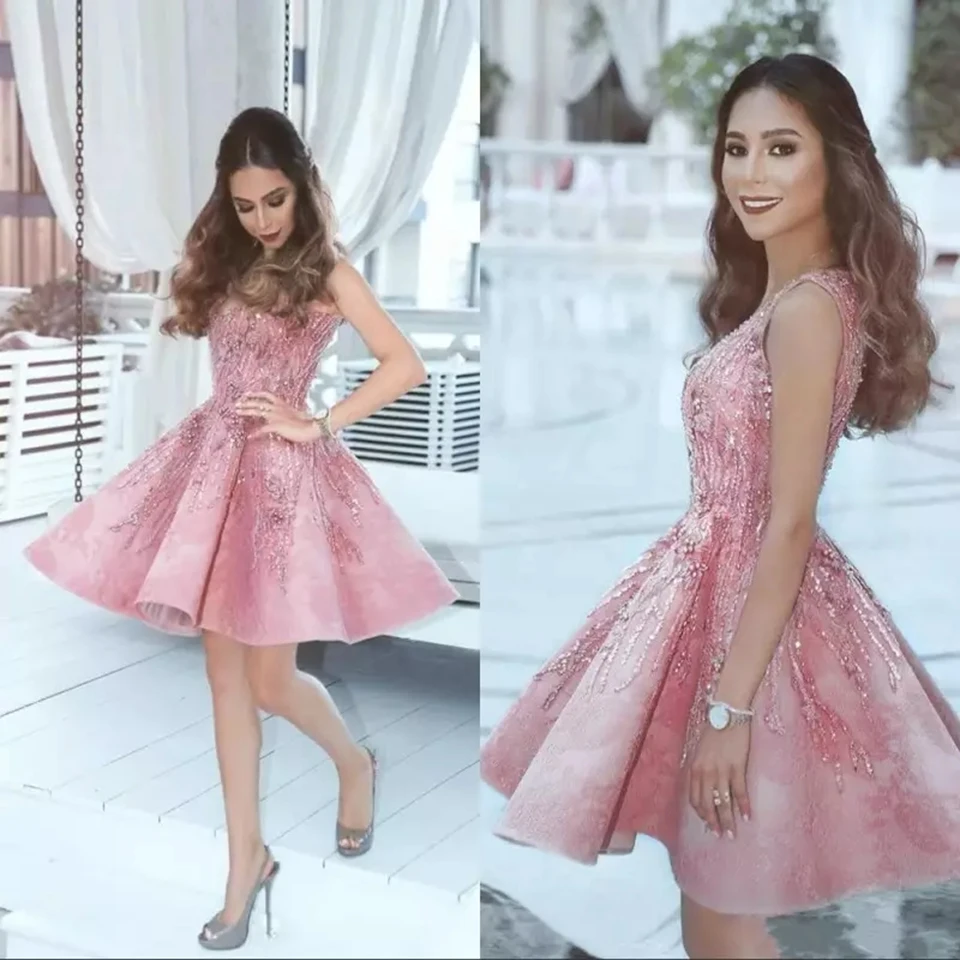 Vestido de cóctel de lujo rosa para mujer, vestido de graduación corto con  cuentas de cristal y lentejuelas, vestidos de regreso a casa, vestido de  graduación elegante, 2023 - AliExpress