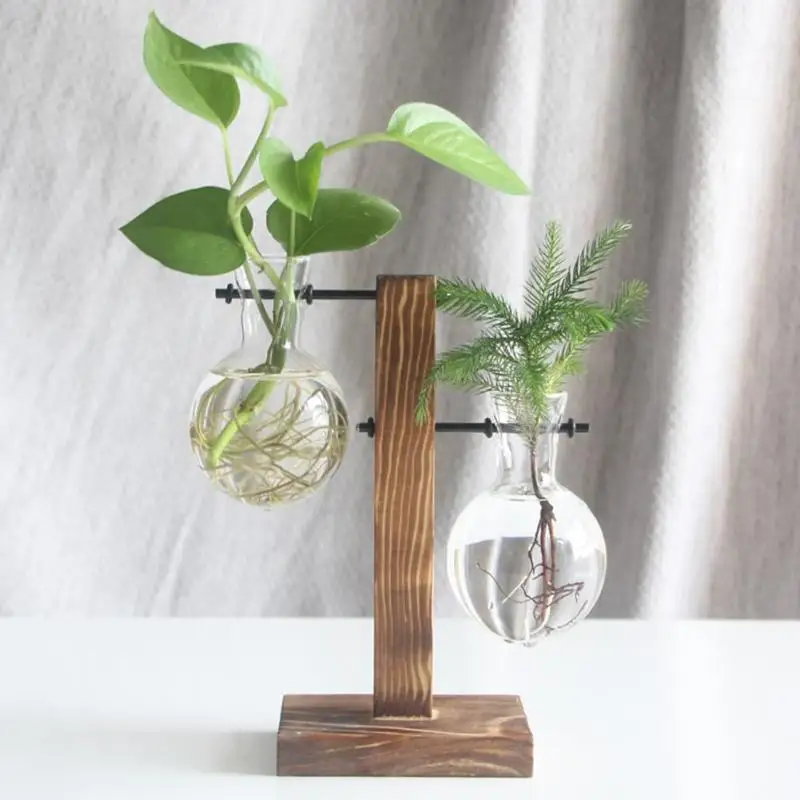 Glass Vase Home Decor Flower Pot Transparent Wooden Flower Stands