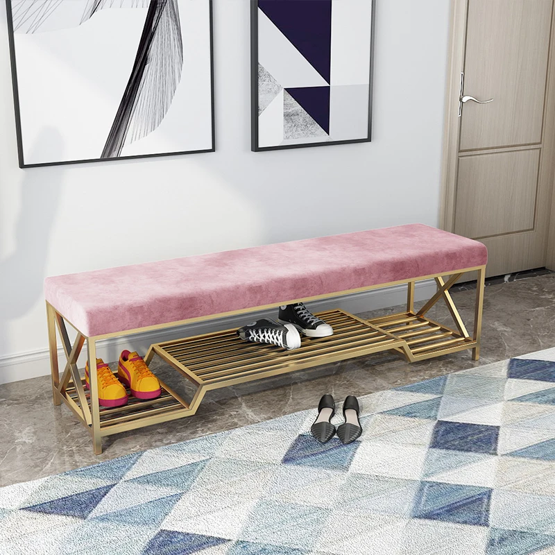 

Luxury iron shoe stool home sofa door long bench with shoe rack storage shoes stool ottoman pouf customize color