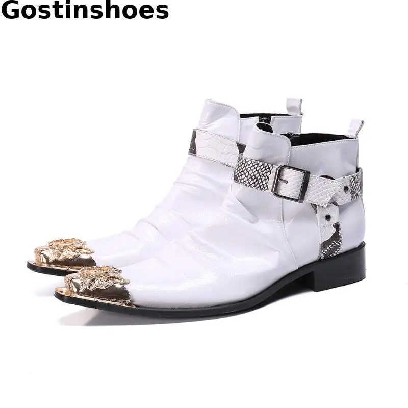 

Elegant White Boots Genuine Leather Buckle Strap Pointed Metal Cap Toe Men Short Boots Side Zip Slip On Men Ankle Boots