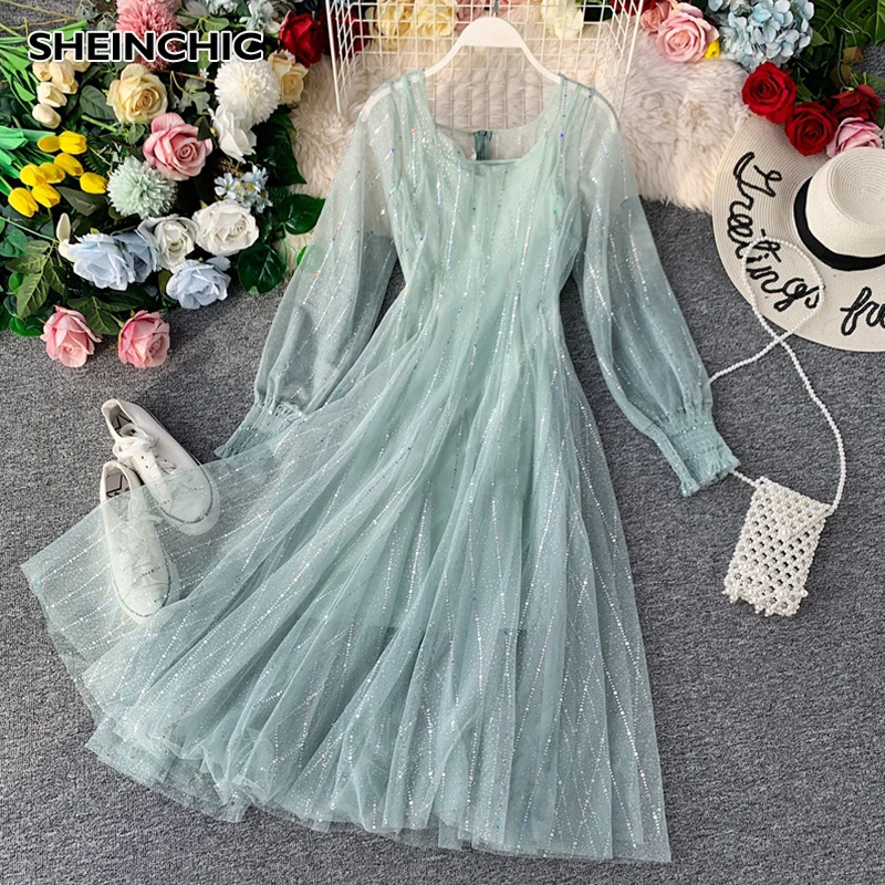 Весна и осень 2020 корейское Новое Женское Сетчатое платье милое шикарное миди с