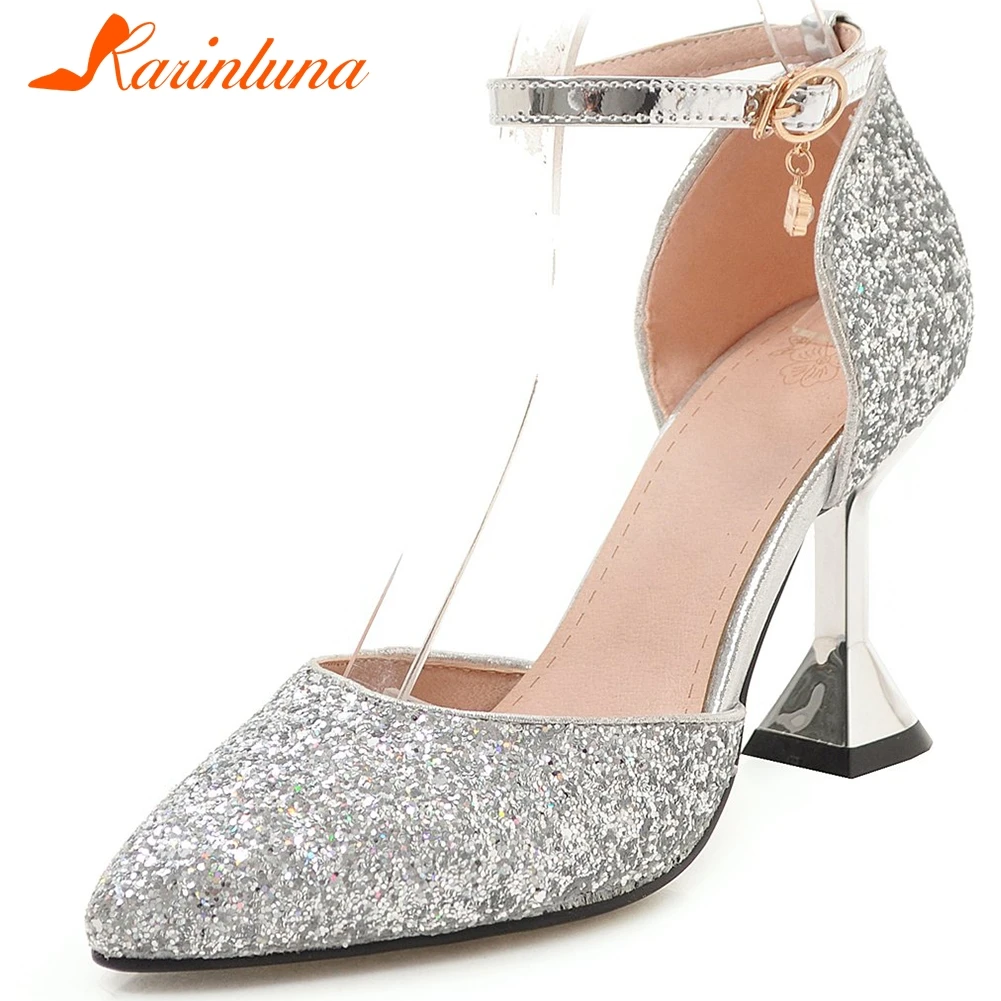 

Karinluna New Design 2020 Sequined Cloth Bling Sandals Woman Shoes Strange Style Buckle Strap Party Wedding Sandals Women Shoes