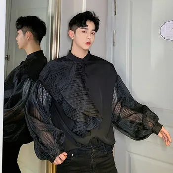 

Men Vintage Ruffled Splice Puff Long Sleeve Loose Casual Shirt Male Women Streetwear Gothic Party Dress Shirt Stage Show Clothes