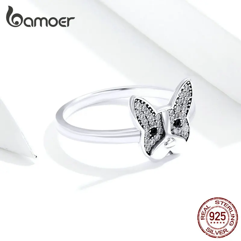 Bamoer, настоящее 925 пробы, серебряное кольцо на палец с французским бульдогом для женщин, прозрачные CZ вечерние серебряные 925 ювелирные изделия SCR612