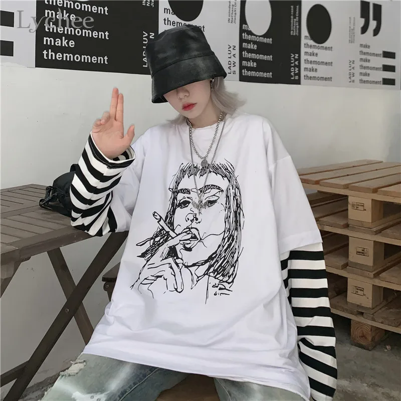 Lychee Harajuku, женская футболка с принтом для девочек, топ, футболка в стиле пэчворк, женские футболки в полоску, 2 предмета, женские футболки, топы, футболки