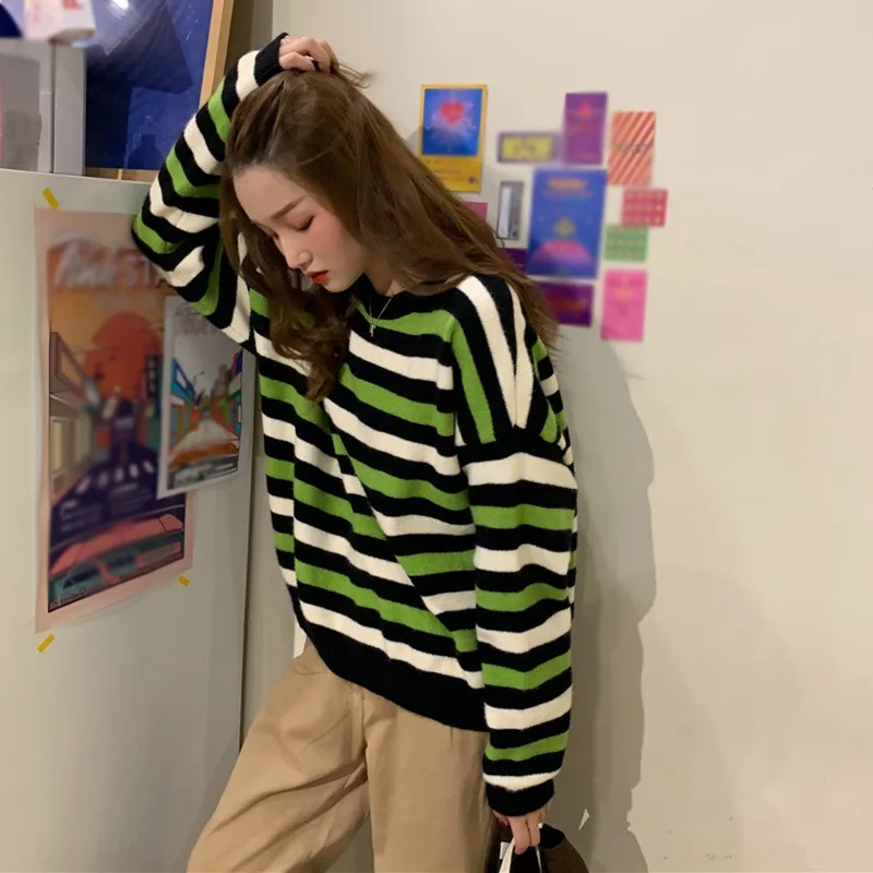 

Women Autumn Spring Stripes Print Loose Sweaters Long Sleeved Round Collar Casual Korean Jumpers Pull Femme M