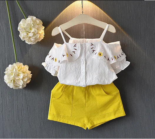 

Imcute Fashion Girls Clothing Set For Summer Baby Clothes White Off Shoulder Tops Flower Decoration+Cotton Shorts Pants Outfits