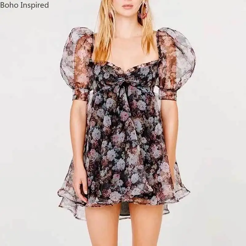 Богемный Вдохновленный FAYE BABY DOLL Платье с пышными рукавами Мини платье для вечеринки черный цветочный принт весна лето платье шикарное Новое vestidos