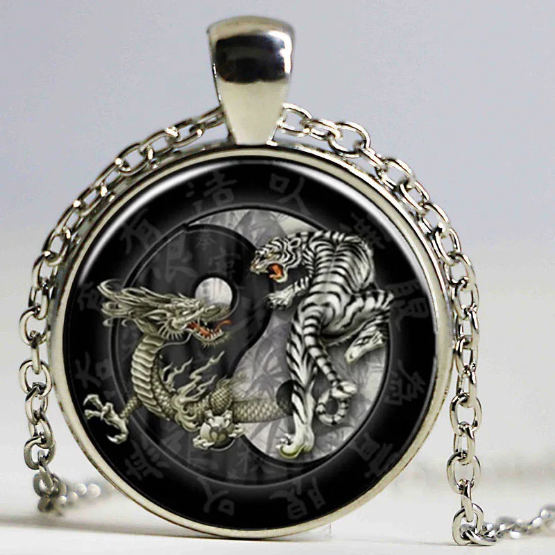 Brand New fashion China style Tai Chi dragon tiger Yin Yang retro glass pendant long chain necklace jewelry items for women men
