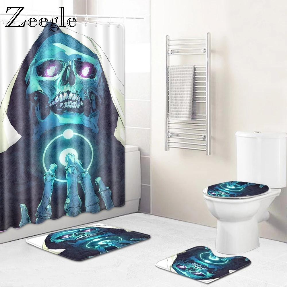 Zeegle Printed Cartoon Bath Mat with Shower Curtain Set Bathroom Decoration Mat Water Absorption Toilet Mat Bathroom Accessories