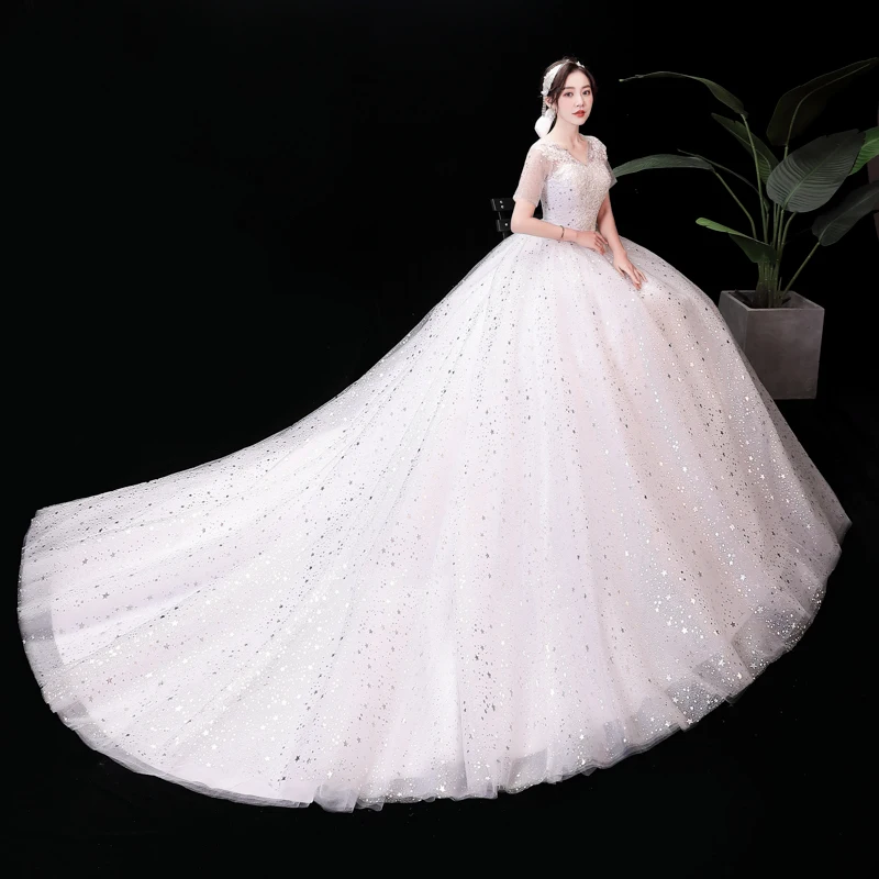 Vestido de Casamento com Trem Sexy com Decote em v Vestido de Noiva Vestido de Baile Vestido de Casamento Clássico Estrela Lantejoulas Princesa Barato 6 Casamentos e Eventos