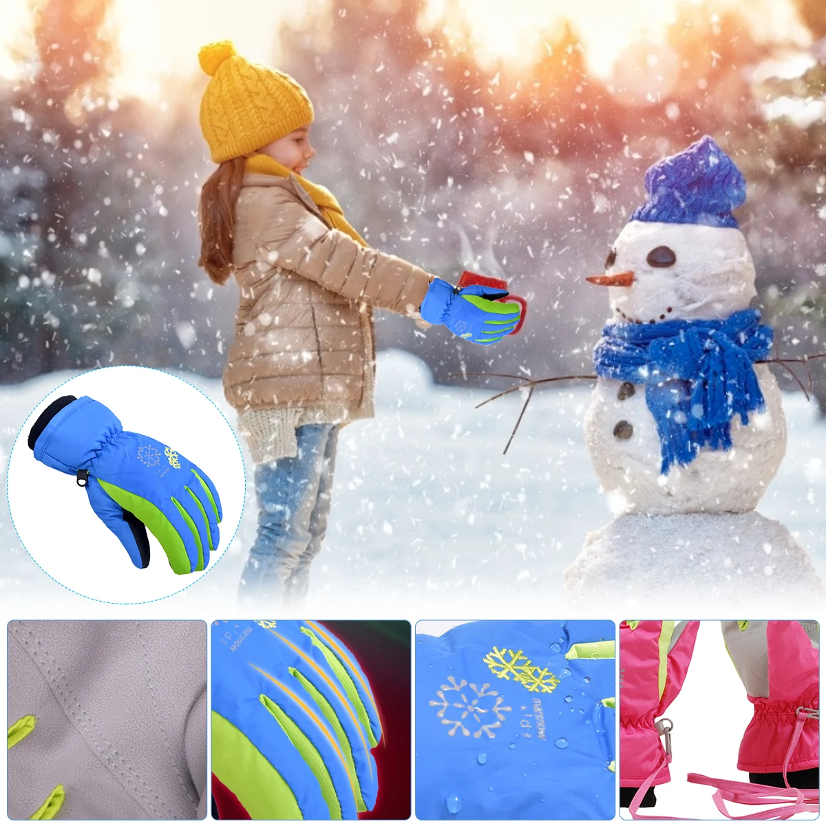 Puseky Children Kids Boys Girls Gloves Outdoor For Winter Warm Waterproof Windproof Thick Ski Glove Cartoon snowflake