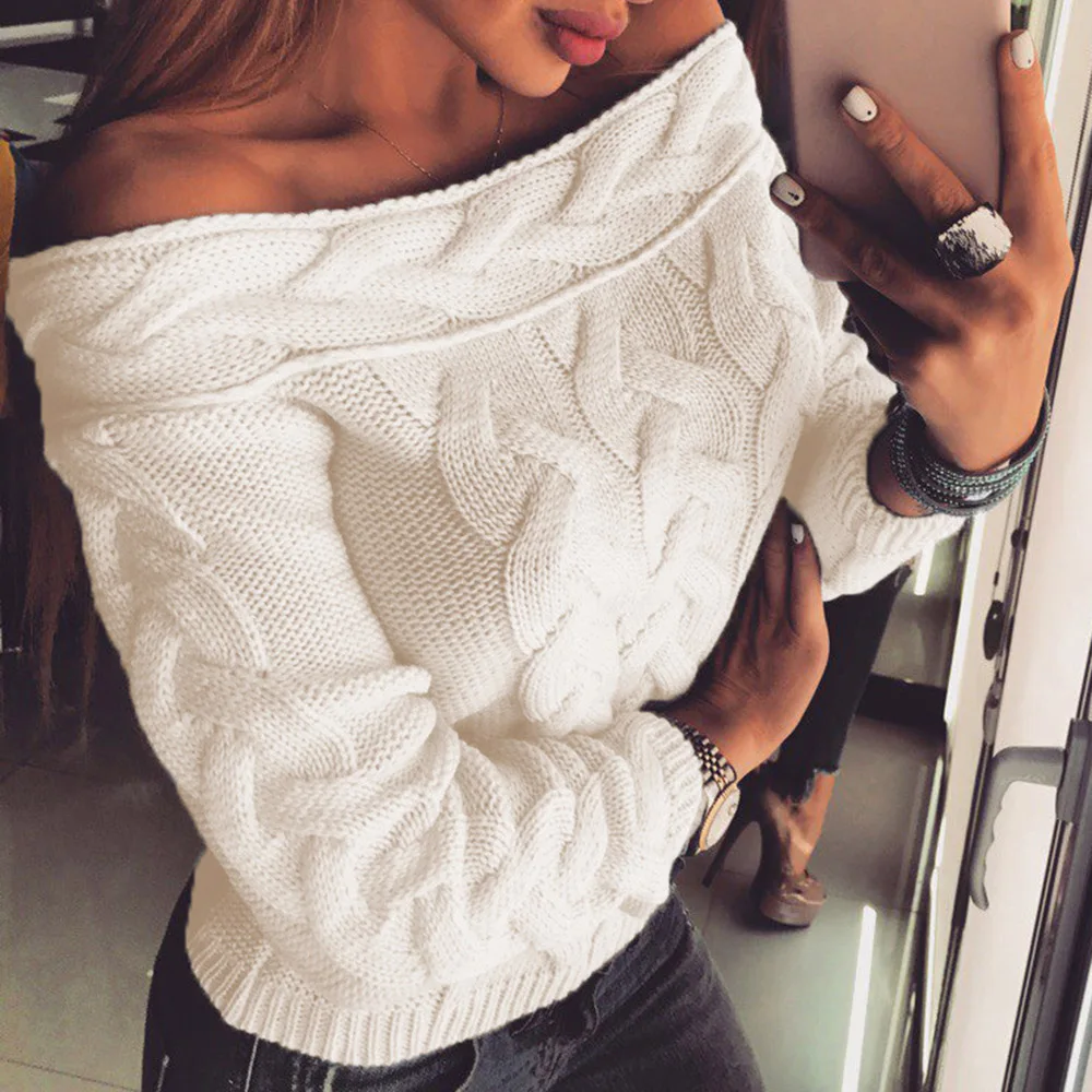 

Women Sweater Autumn Winter 2020 Sexy Off Shoulder Knitted Sweaters Casual Knitwear Fashion Long Sleeve Pullovers Loose Jumper
