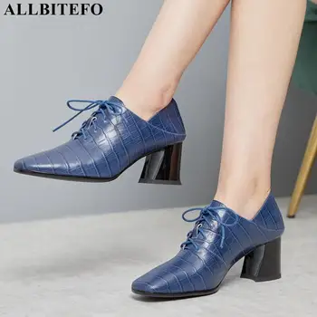 

ALLBITEFO full genuine leather brand high heels women shoes square toe women high heel shoes office ladies shoes women heels