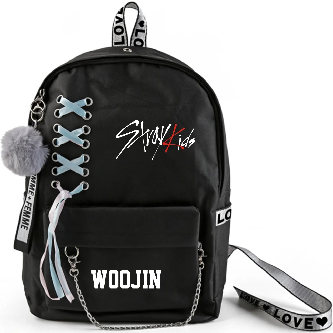 WOOJIN Kpop Stray Kids рюкзак большой емкости школьные сумки с перекрещивающимися лентами плюшевый шар подвеска страй Детская сумка вентиляторы коллекция - Цвет: WOOJIN