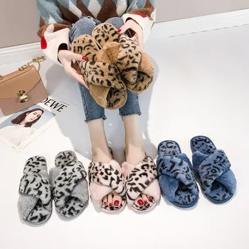 

2019 leopard fur slides women slippers dot home indoor soft slippers women pink plush slippers home