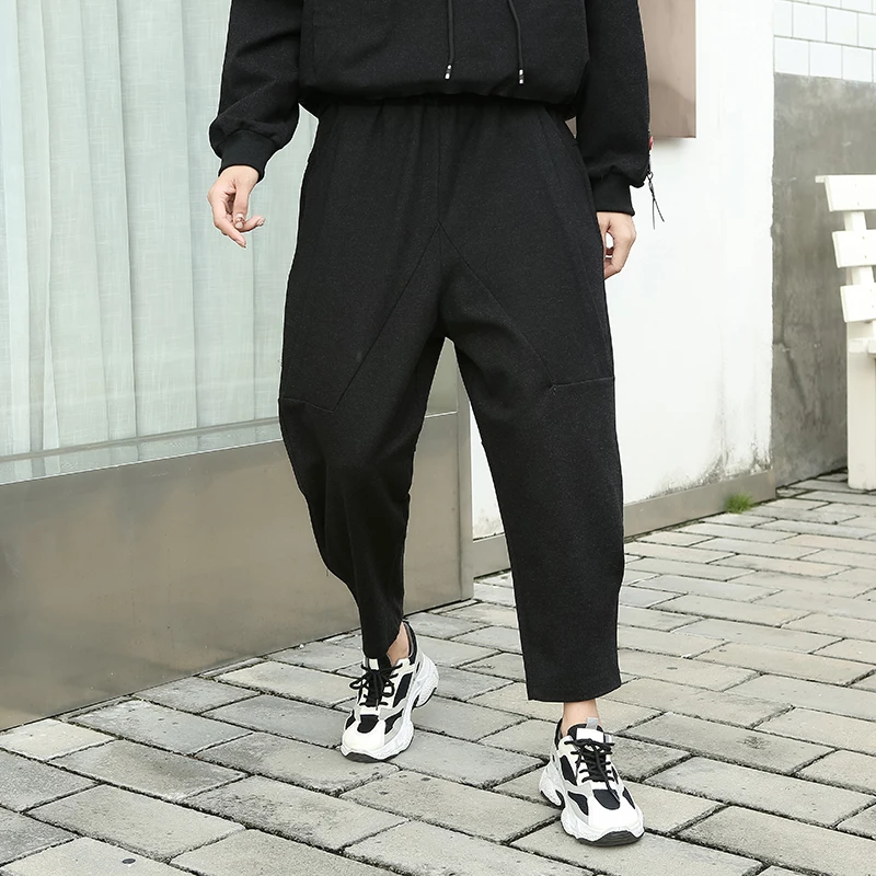 

2020 Autumn Winter Black High Waist Harem Pants Women Fashion Elastic Waist Patchwork Loose Casual Ladies Trousers Streetwear