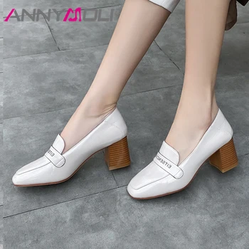 

ANNYMOLI High Heels Shoes Women Patent Leather Thick Heel Shoes Fashion Square Toe Party Pumps ladies White 2020 Big Size 33-43