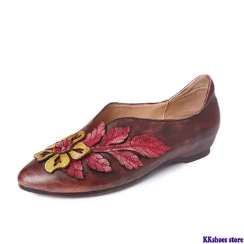 

Retro Rainforest Splicing Floral Leaves Irregular Shoe Mouth Leather Comfy Flat Shoes Women Shoes Botas Mujer 2020