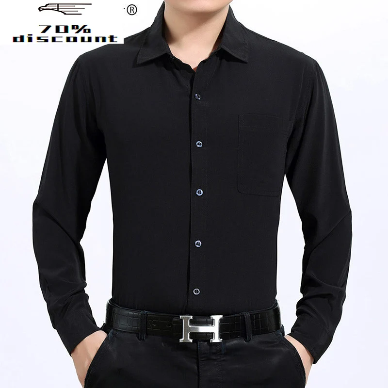 

AYUNSUE200% Silk Summer Men Shirt White Black Long Sleeve Shirt Formal Mens Dress Shirts Plus Size Camisa Hombre 3400 KJ2945