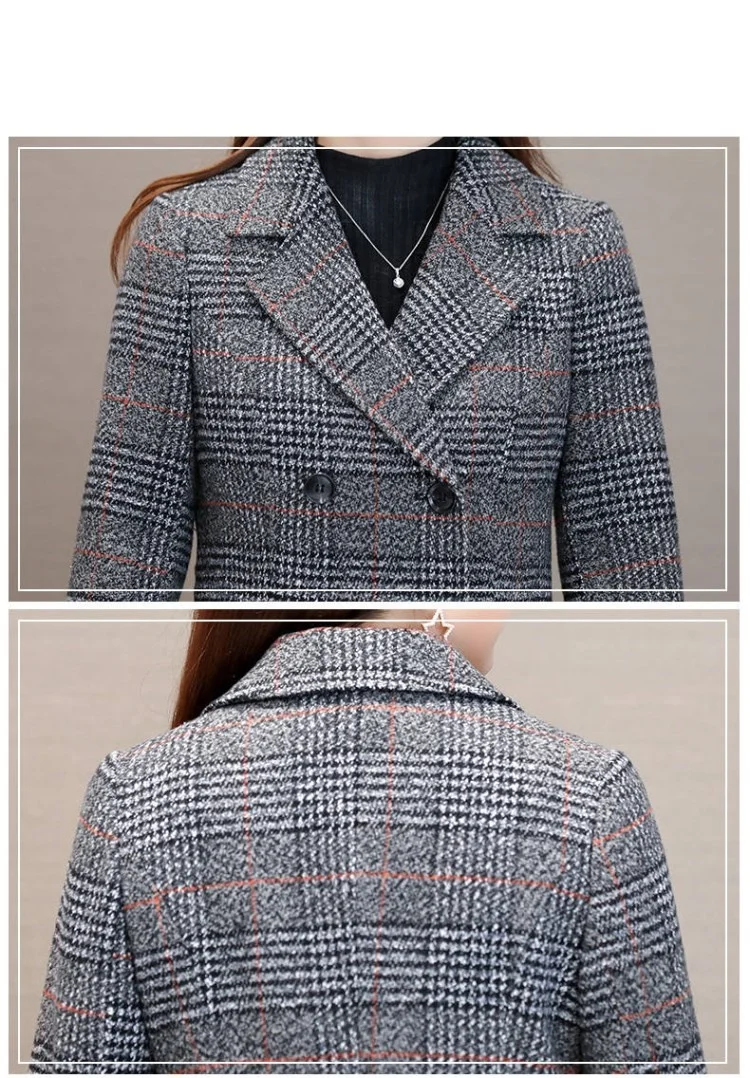 New Large size lattice woolen coat female Autumn Winter fashion slim Windbreaker coats Womens coats Middle age clothing 5XL