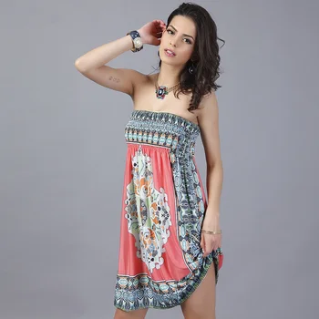 

2020 Summer Off Shoulder Beach Boho Mini Dress Women Vintage Printed Sundress Stretch Casual Fashion Sexy Sleeveless Wrap Dress