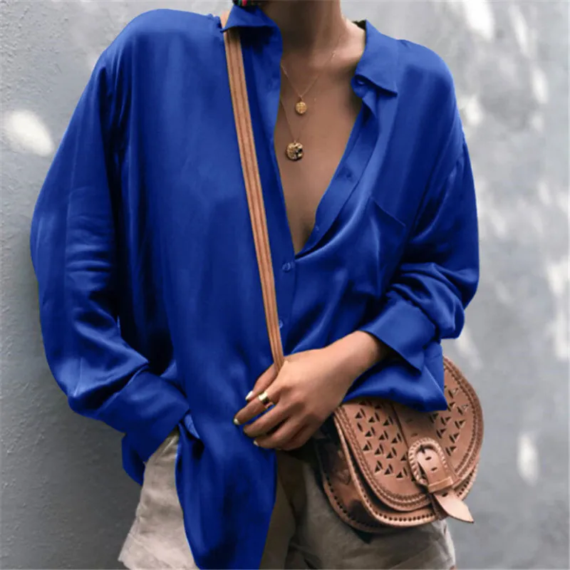 Women Sexy Deep V-neck Satin Blouse Tops Loose Long Sleeve Office Ladies Shirt Casual Solid Silk Female Spring Shirt