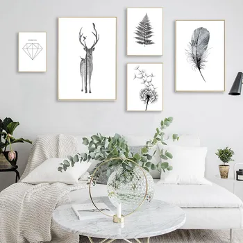 

Scandinavian Poster Black White Deer Dandelion Nordic Style Wall Art Canvas Print Painting Decoration Picture Living Room Decor