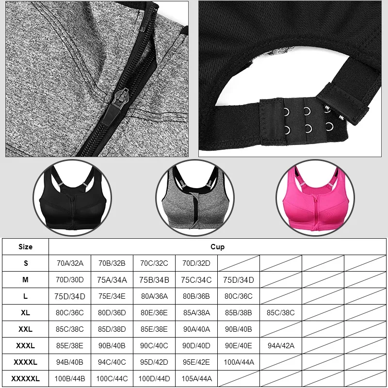 Women Sports Bra Yoga Gym Shirt Front Zipper Push Up Plus Size S-5XL