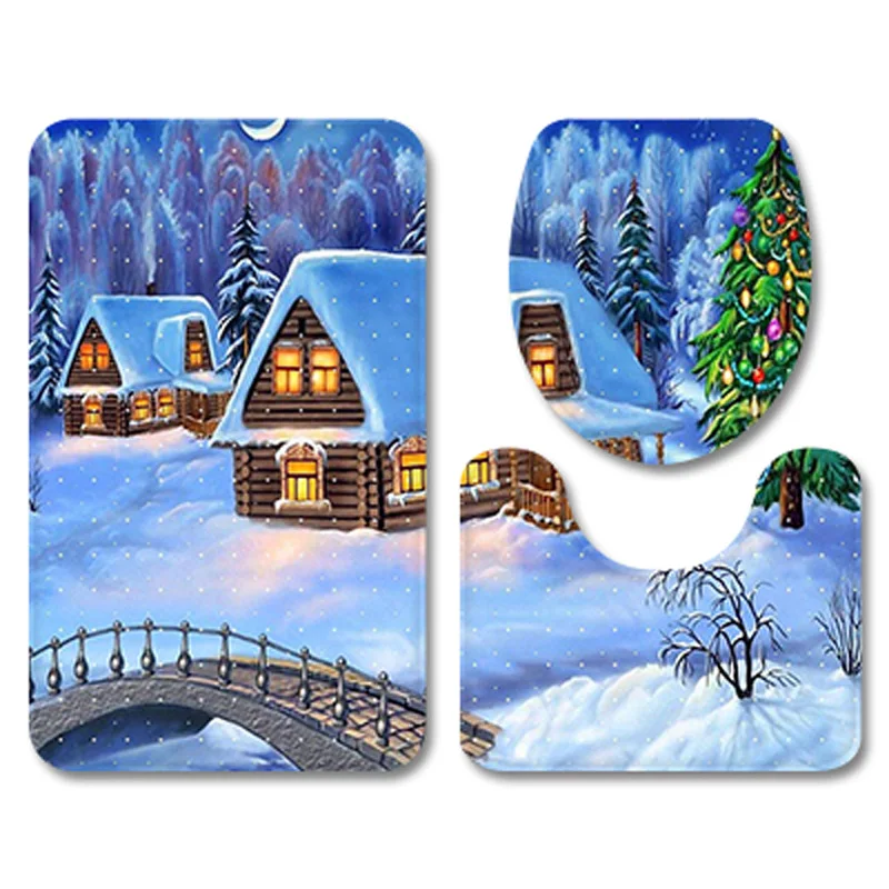 Домашний Декоративный набор ковриков для ванной комнаты, фланелевая крышка для унитаза, коврик для ванной, рождественские красные шляпы, Набор чехлов для унитаза