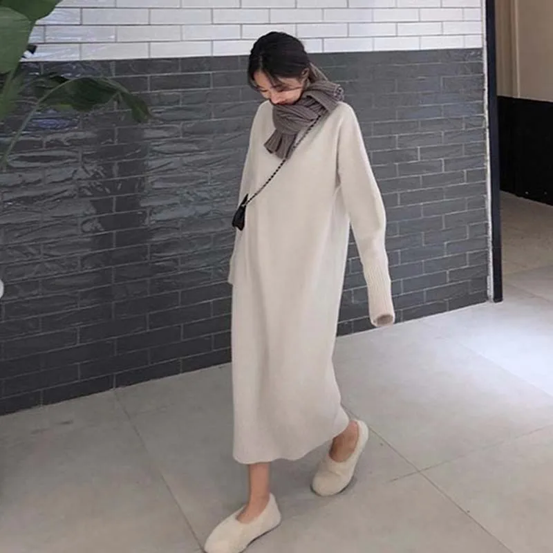 

Autumn Winter Dress Korean Version Turtleneck Elastic Noodles Long Sleeve Thick Pullover Dress Knitted Cashmere Sweater Dress
