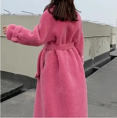 MLNRFZ Winte Длинная шерстяная куртка с поясом пальто с натуральным мехом женские пальто с отложным воротником из натуральной овчины Женское шерстяное пальто - Цвет: rose Red