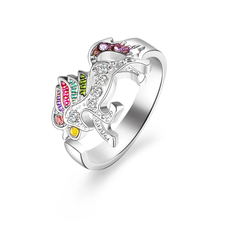 Ring-Silver Милое ожерелье с единорогами, Трендовое ювелирное изделие в виде лошади из мультфильма, аксессуары для девушек и женщин, вечерние подарки, кулон в виде животного, браслет, набор - Окраска металла: Ring-Silver