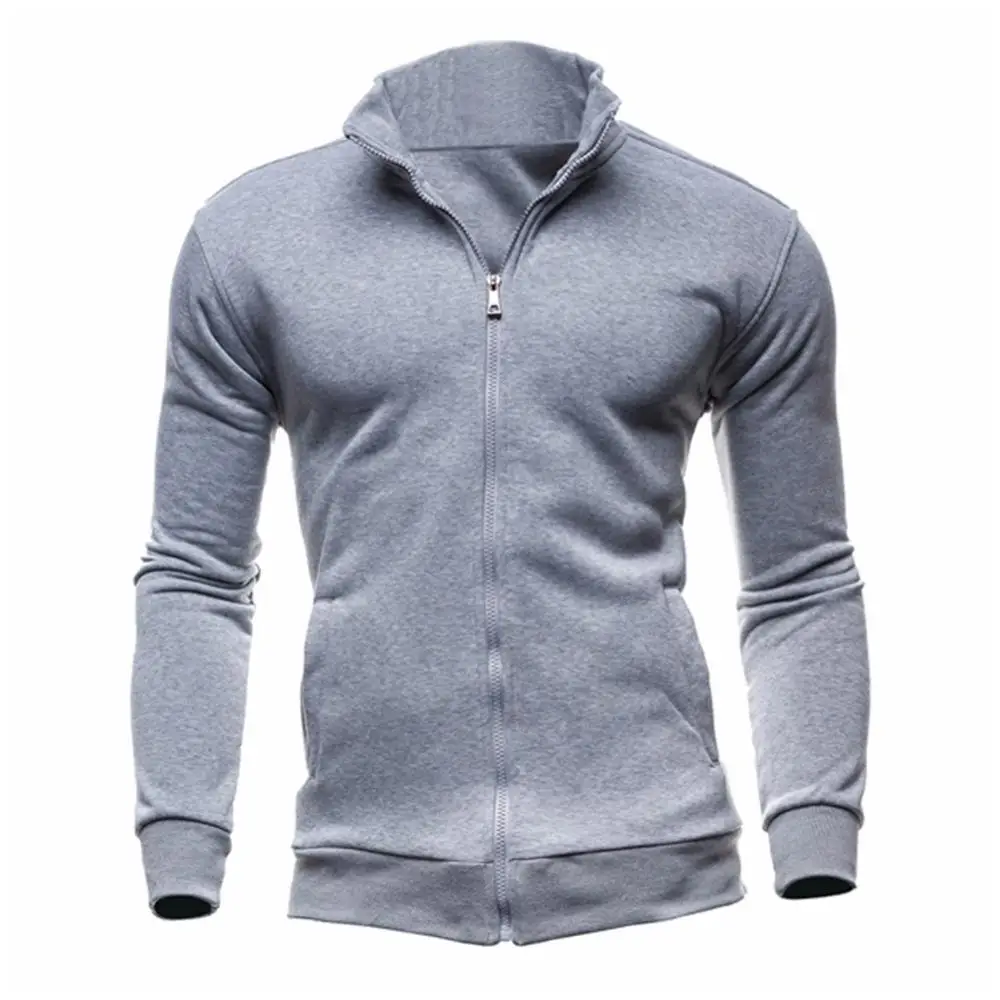 Gray Men Autumn Long-Sleeves Stand Collar Cardigan Zipper solid color Sports Sweatershirt Coat - Color: Gray