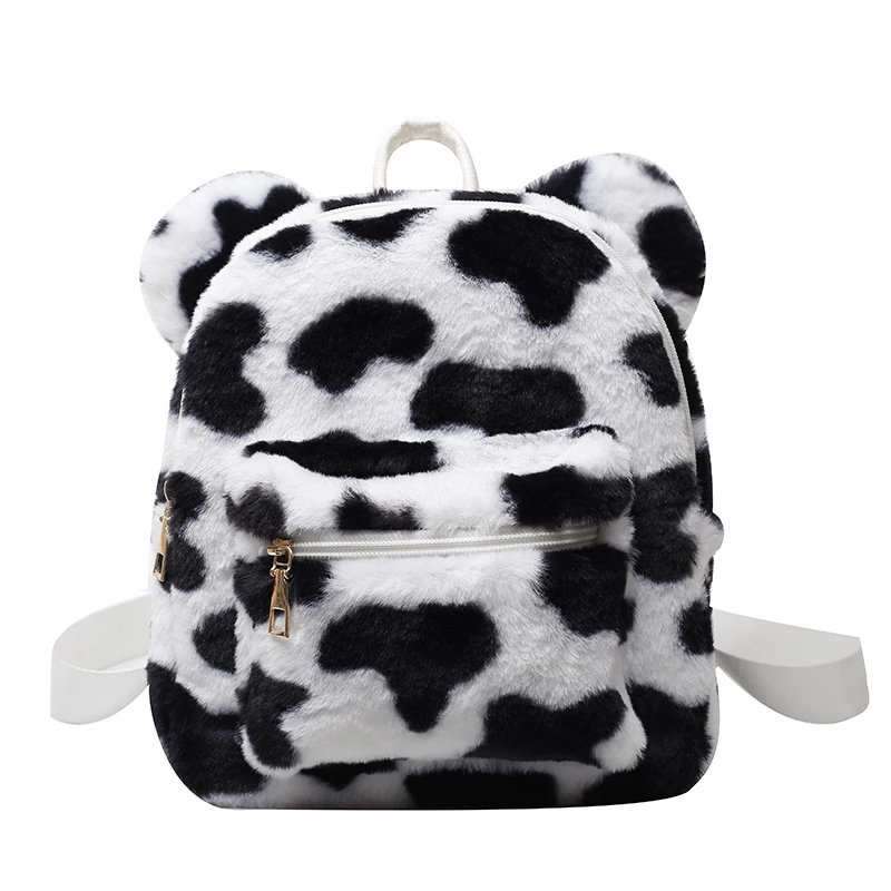 Cow Print Mini Backpack For Women 2021 Bear Ears Plush Backpack Chessboard Fur Shoulders Bag Plaid Furry Bagpack Cute Fluffy Bag