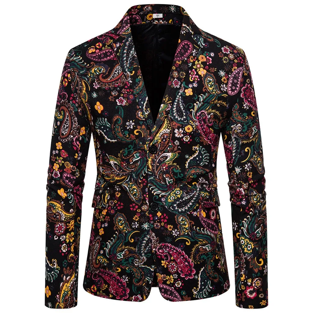 Mens Slim Printed Wedding Blazer Suit Jackets Men's Fashion In Autumn Winter Retro Printed Suit Coat americana hombr - Цвет: Черный