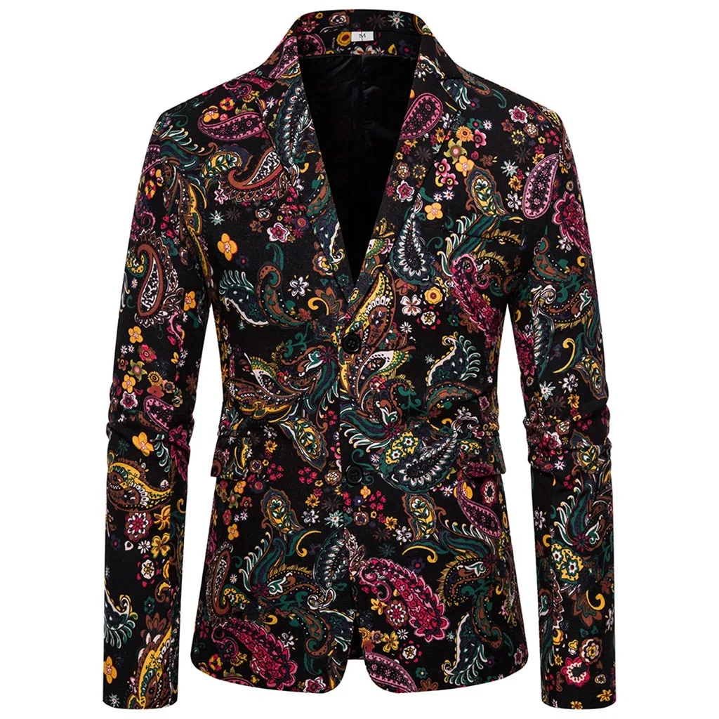 Черный Mens Slim Printed Wedding Blazer Suit Jackets Men's Fashion In Autumn Winter Retro Printed Suit Coat americana hombr - Цвет: Черный