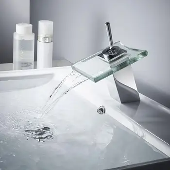 

Chorme Polished Bathroom Waterfall Vessel Sink Faucet Deck Mount Mixer Tap With Glass Bathroom Faucet Basin Tap hot and Cold