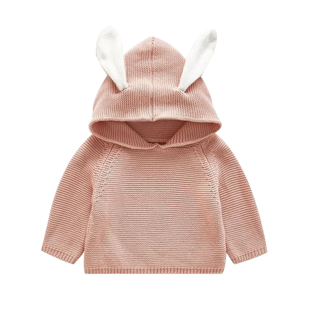 Теплый свитер с капюшоном и кроликом для маленьких мальчиков и девочек, вязаные топы, Прямая поставка#4 - Цвет: Розовый