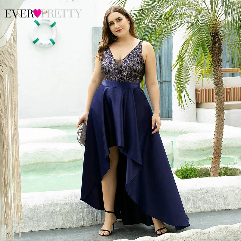 Plus Size Satin Prom Dresses Ever Pretty Sequined Spaghetti Strap V-Neck Asymmetrical Backless Sexy Party Gowns Vestido De Festa