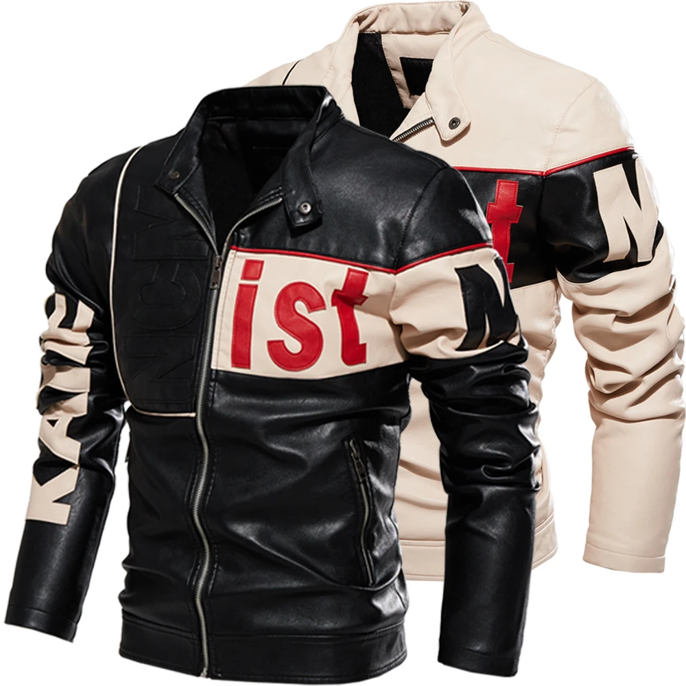 brown leather bomber jacket Letter fleece Leather Jacket Men Winter Motorcycle PU Jacket Man Slim Stand Collar Casual Windbreaker Patchwork Color Block Coat leather vests