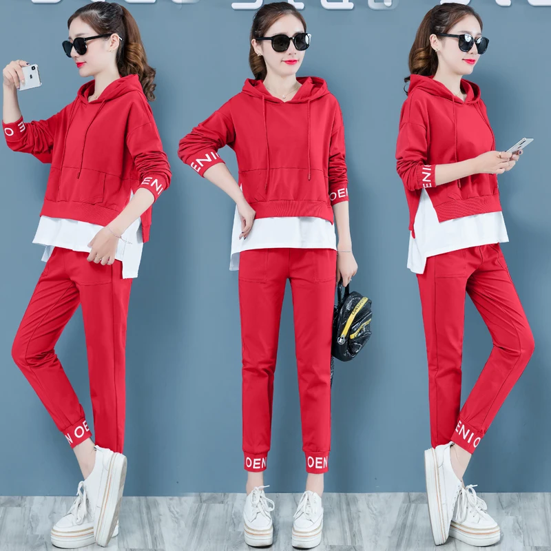 Large size women's hooded sweatshirt+ elastic waist casual pants autumn new loose sports suit sweatshirt two-piece suit - Цвет: red