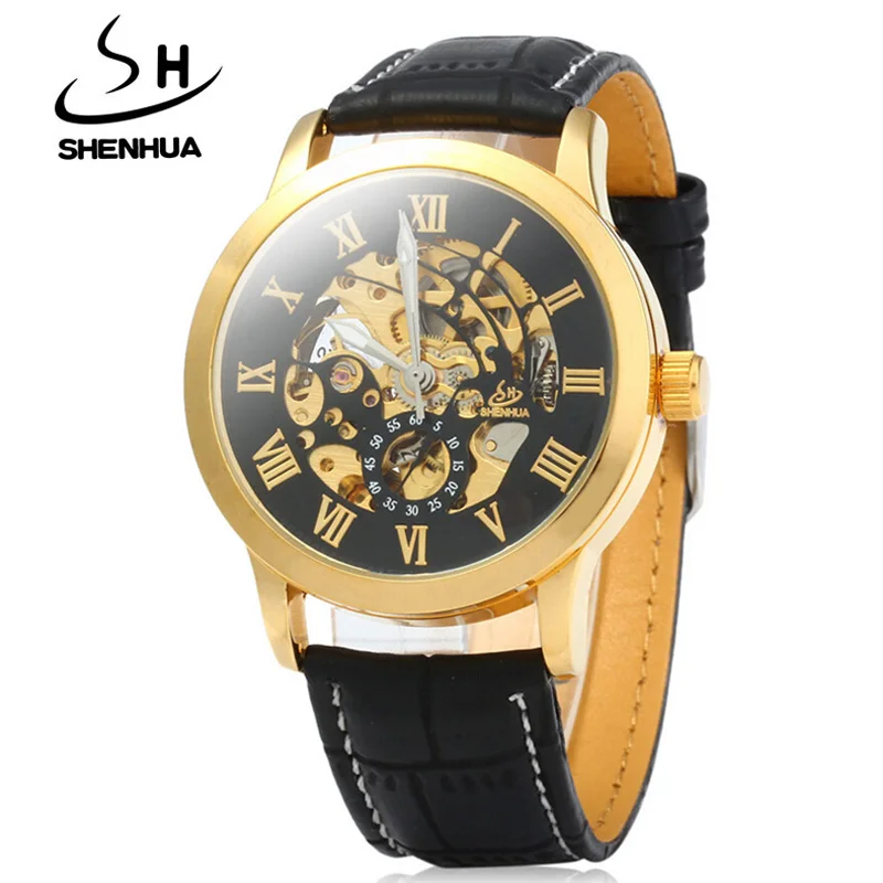 

SHENHUA Men Watches Leather Band Automatic Mechanical Watches Men Luxury Gold Skeleton Watches Relogio Masculino montre homme