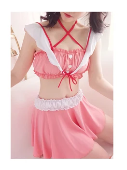 

Japanese cute split swimsuit girl pink swimwear Maid Skirt design Three-piece Swim suit set