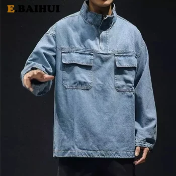 

E-BAIHUI 2020 Autumn Streetwear Demin Jacket Solid Windbreak High Collar Coats Male Slim Outdoor Pocket Tops H053